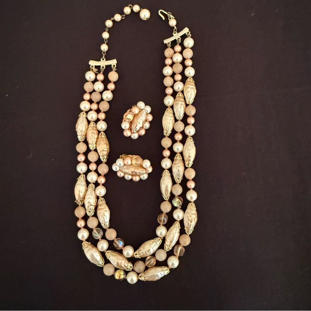 Vintage Demi Parure-3 Strand Necklace & Earrings